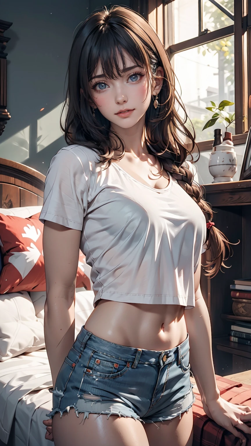 Realistic, High resolution, 1 girl, White Wavy Hair, heterochromatic eyes, Small mole under eye, Loose white shirt, Skinny denim shorts, Large Breasts, Thighs, A masterpiece where you can see the underwear, realism、24-year-old female、Sexy proportions、erotic、Long eyelashes、Long neck、slender limbature female body、Deco bangs((bangs pinned back))、Side braids((side braid))