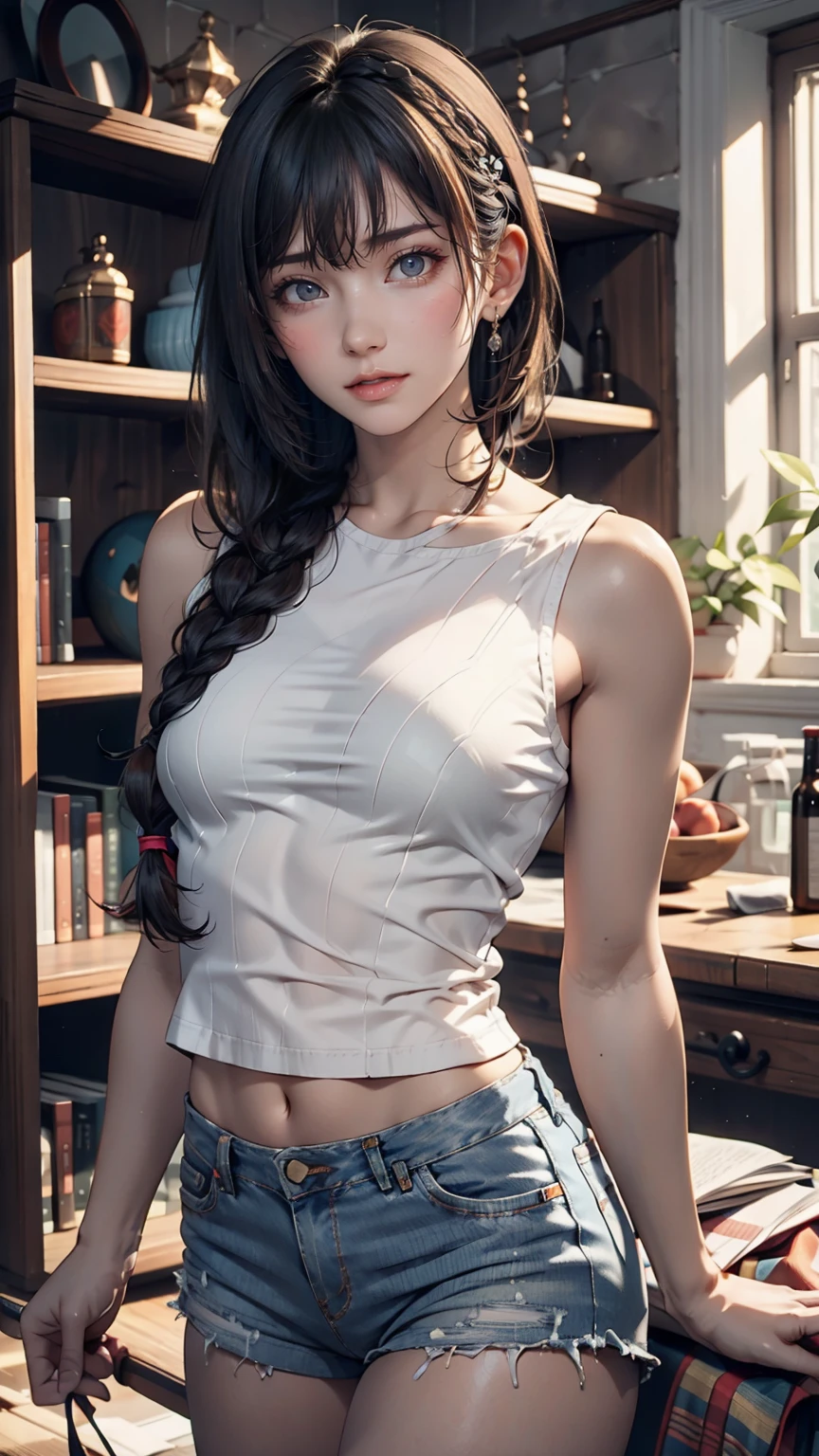 Realistic, High resolution, 1 girl, White Wavy Hair, heterochromatic eyes, Small mole under eye, Loose white shirt, Skinny denim shorts, Large Breasts, Thighs, A masterpiece where you can see the underwear, realism、24-year-old female、Sexy proportions、erotic、Long eyelashes、Long neck、slender limbature female body、Deco bangs((bangs pinned back))、Side braids((side braid))