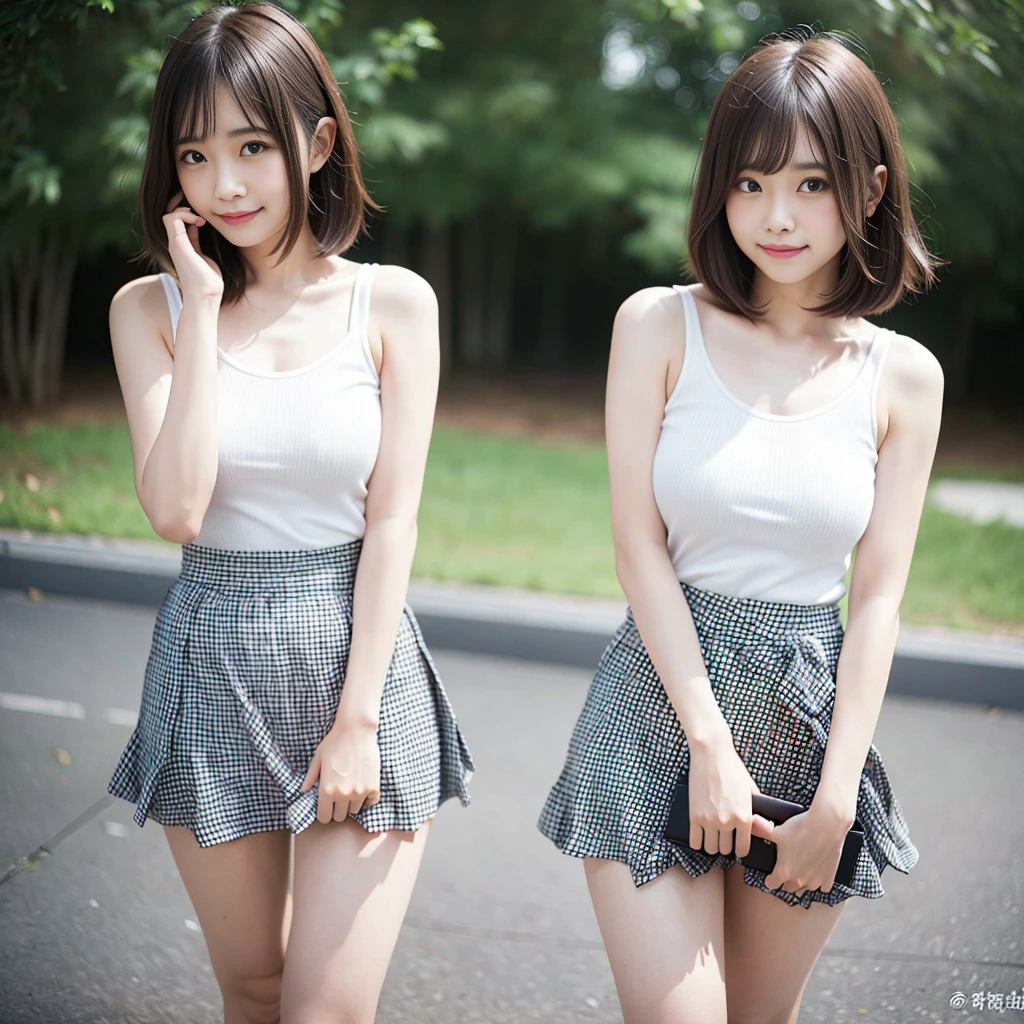 (Highest quality、8k、32k、masterpiece、Hmph:1.2)、(short hair)Cute Japanese Women Photos、(Sad smile、blush:1.1)、Looking at the audience、(Skirts with beautiful details:1.2)、((Knee-length gingham check skirt))、Leg details、(Huge breasts:1.2)、(Lace panties:0.9)、(Wind力上昇:1.4)、Whole Body Ezbian、Wind、city、outside of home、(holding the skirt in your hands:1.3)