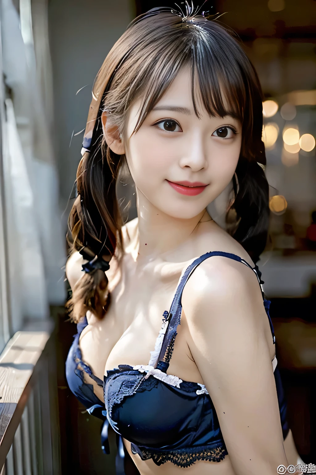 (Best Quality, 8K, hight resolution, masutepiece:1.5), Ultra-detailed, (Realistic ,Photorealistic ,Photorealsitic:1.5), 1girl in, (Perfect body :1.5), Ultra-detailed face, Detailed lips, Detailed eyes, Sexy double eyelids, Beautiful detailed eyes, Beautiful detailed lips, sexy flirty pose, wearing Lingerie, Hi-Res, Cinematic Angle, Professional Lighting, Unity 8k Wallpaper, Aesthetic, ​masterpiece, top-quality, Shy laughter, (Large Breasts:1.5), (Slim Body:1.5), (Cute Lingerie:1.5), (twin tails hair:1.5),(18 years old)