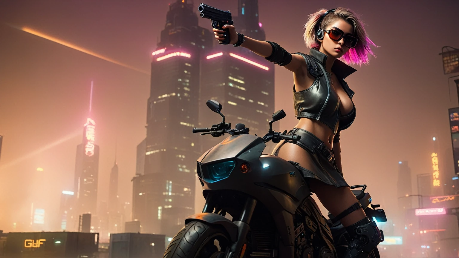 dark futuristic landscape, at night, neon lights, Atmospheric fog, large buildings in the background, futuristic city, streets with open shops, skyscraper (postapocalyptic city:1.3). (((1girl, solo, alone))), large-breast:1.2 slim body, cleavage:1.1, sexy miniskirt, (((biker, superbike, headphone, black sunglasses, standing and holding pistol pose))), (((half-body thigh level medium shot))), cinematic lighting, lens flare, ray tracing.