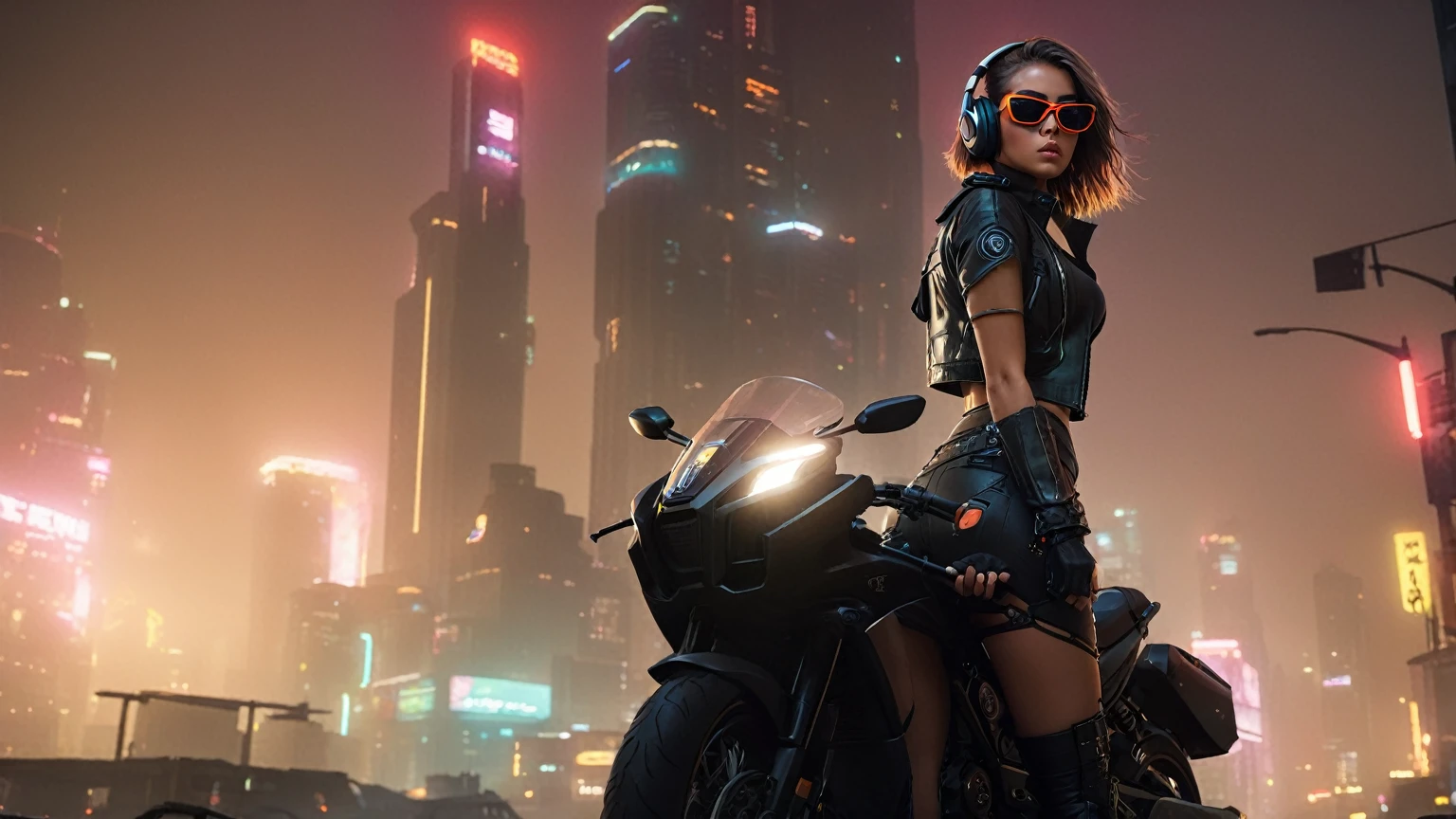 dark futuristic landscape, at night, neon lights, Atmospheric fog, large buildings in the background, futuristic city, streets with open shops, skyscraper (postapocalyptic city:1.3). (((1girl, solo, alone))), large-breast:1.2 slim body, cleavage:1.1, sexy miniskirt, (((biker, superbike, headphone, black sunglasses, standing and holding pistol pose))), (((half-body thigh level medium shot))), cinematic lighting, lens flare, ray tracing.