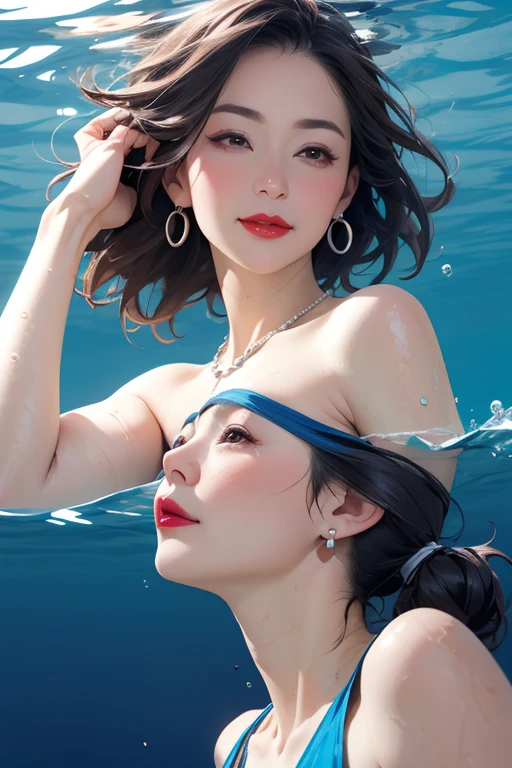 Beautiful mature Japanese woman aged 55, Mature Woman, Long eyelashes, Red lipstick, Pearl Necklace, Earrings, Dark eyeshadow, Colorful micro swimsuit, Swimming underwater, swim in the sea, high quality, detailed, Realistic, Vibrant colors, Professional photography