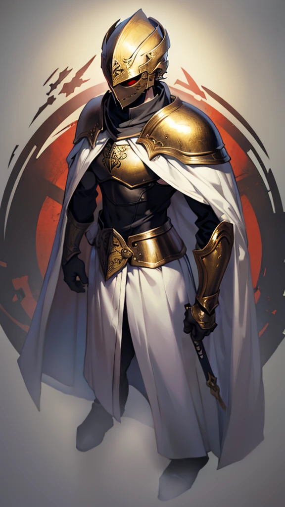 Templar warrior in armor, wearing armor and a white skirt, he also wears a cloak with gold borders
