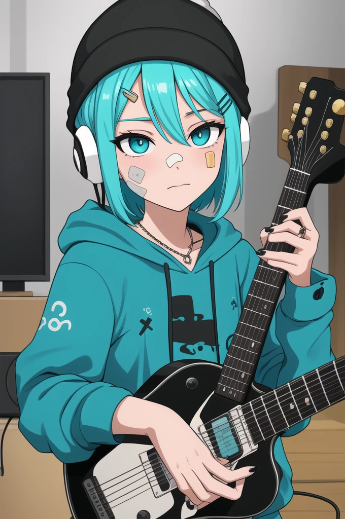 detailed_background,indoors,aqua_hair,holding_phone,hairclip,hair_between_eyes,guitar,beanie,straight-on,looking_at_viewer,eyes_visible_through_hair,electric_guitar,closed_mouth,effects_pedal,headphones,upper_body,hat,hoodie,instrument,solo,aqua_eyes,sticker,hood_down,phone,parental_advisory,nail_polish,smartphone,cellphone,jewelry,1girl,white_headwear,bandaid_on_nose,patch,bandaid_on_face,short_hair,original,bandaid,highres,sidelocks,holding,grey_hoodie,circuit_board,long_sleeves,aqua_nails,necklace,standing,print_hoodie,ring,hair_ornament,yorugata_mao,hood,bandaid_on_cheek