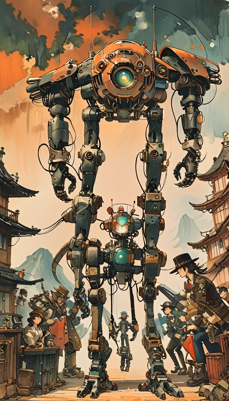 sketch、The Style of Kawanabe Kyosai、Exoskeleton、Powered Suit、Steampunk、Bend、Put your palms forward。