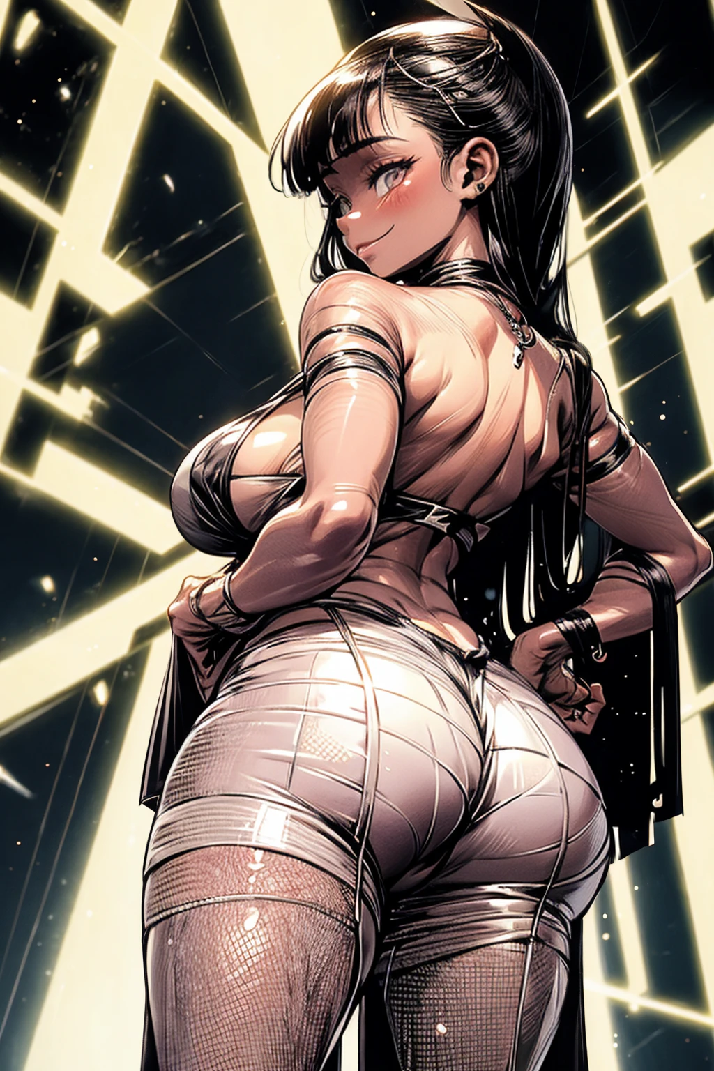 Girl, showing off her butt, hands on hip, smug, sexy, large breasts, big butt, anime