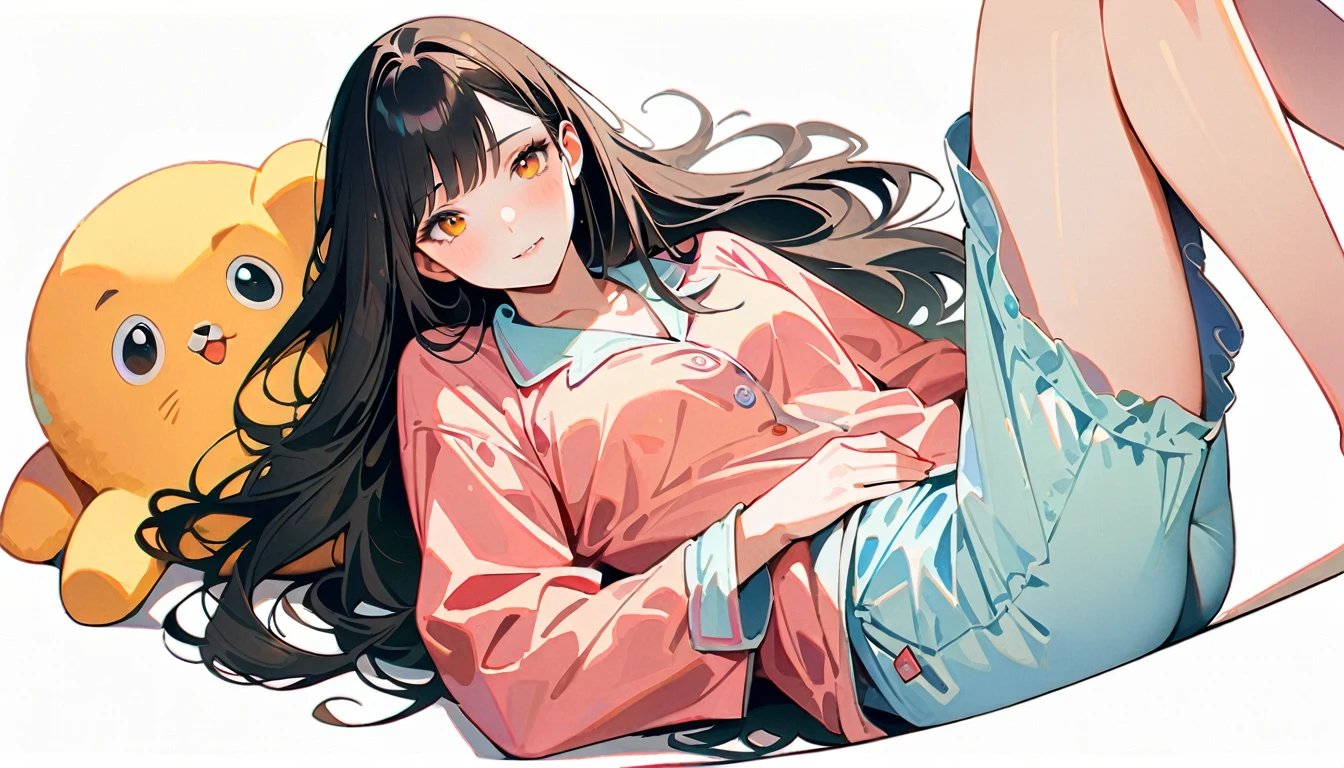 20-year-old,One mature woman,Surreal, 8k, (extremely detailed 8k), (Very delicate and beautiful), (masterpiece), (Better Quality:1.0), (Ultra-high resolution:1.0), (masterpiece, Highest quality),cute,Black Hair,Long Hair,whole body,White Background,Realistic Skin,pajamas,lie on one's stomach,Wicked Smile、Bedroom