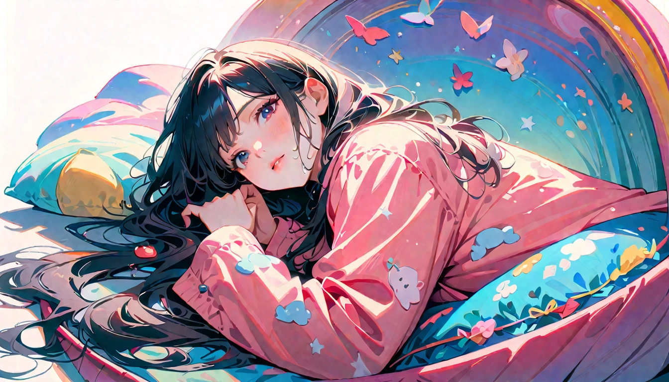 20-year-old,One mature woman,Surreal, 8k, (extremely detailed 8k), (Very delicate and beautiful), (masterpiece), (Better Quality:1.0), (Ultra-high resolution:1.0), (masterpiece, Highest quality),cute,Black Hair,Long Hair,whole body,White Background,Realistic Skin,pajamas,lie on one's stomach,Wicked Smile、Bedroom
