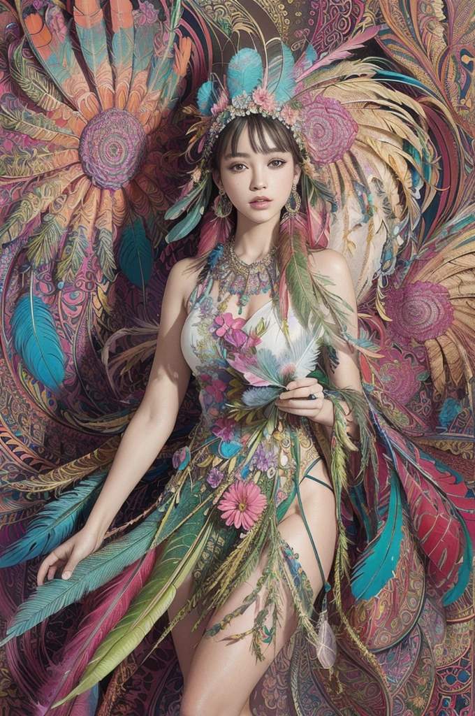 (masterpiece, top quality, best quality, official art, beautiful and aesthetic:1.2), (1girl:1.3), extremely detailed,(fractal art:1.1),(colorful:1.1)(flowers:1.3),highest detailed,(zentangle:1.2), full body, (abstract background:1.3), (shiny skin), (many colors:1.4), ,(earrings), (feathers:1.5),