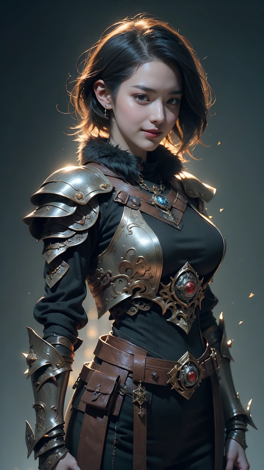 ((Front facing)), Game art，The best picture quality，Highest resolution，32K，(A bust photograph)，(Portrait)，(Head close-up)，(Rule of thirds)，Unreal Engine 5 rendering works， (The Girl of the Future)，(Female Warrior)， 20-year-old girl， elegant smile, short hair, ((Hunter, police gunsling))，An eye rich in detail，(Big breasts)，Elegant and noble，indifferent，brave， （Medieval-style fur combat clothing, sexy lace top，Glowing magic lines，Animal skin clothing with rich detailedieval Lady Knight，Medieval ranger， photo poses，simple background，Movie lights，Ray tracing，Game CG，((3D Unreal Engine))，OC rendering reflection pattern