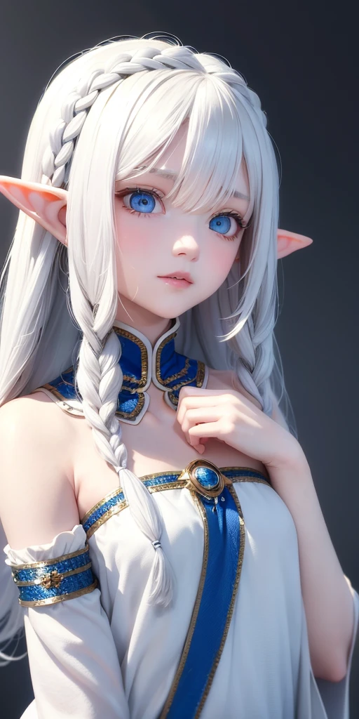best quality, elf,masterpiece,white hair, blue eyes,white clothes, looking up, upper body,hair strand,Fair skin,side braids