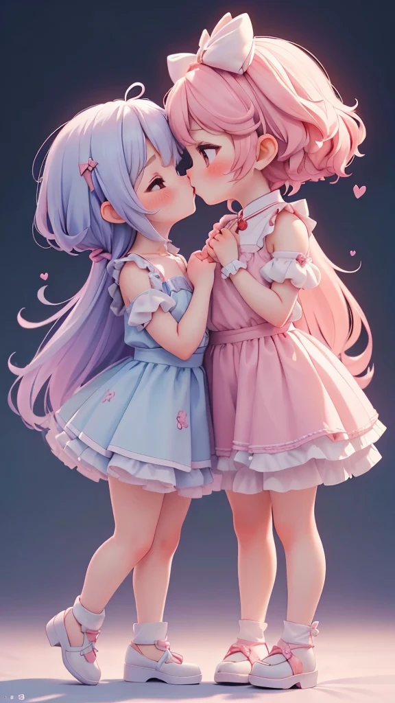 (((yuri, lesbian kiss))), ((petite bishojo, little 2girls)), ((cute face)), ((cute puffy eyes)), ((masterpiece)), ((best quality)), ((ultra detailed)), ((exquisite)), ((depth)), ((crisp)), ((8k)), ((beautiful and aesthetic)), (super detailed skin), ((high standard)), ((highres)), ((perfect anatomy)), (full body), (blush), (rouge), (wuv, cutesy jk), (beautiful hands)