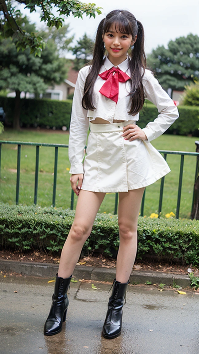 (8k、RAW Photos、Highest quality、masterpiece:1.2)、(Highest quality、Realistic)、1 Girl、((Twin tails、High 、mini skirt、チェックmini skirt、Idol Costume、ribbon、See-through、Thin legs、whole body、boots、garden、View from the front、Looking into the camera、Stand with hands on hips))、cute