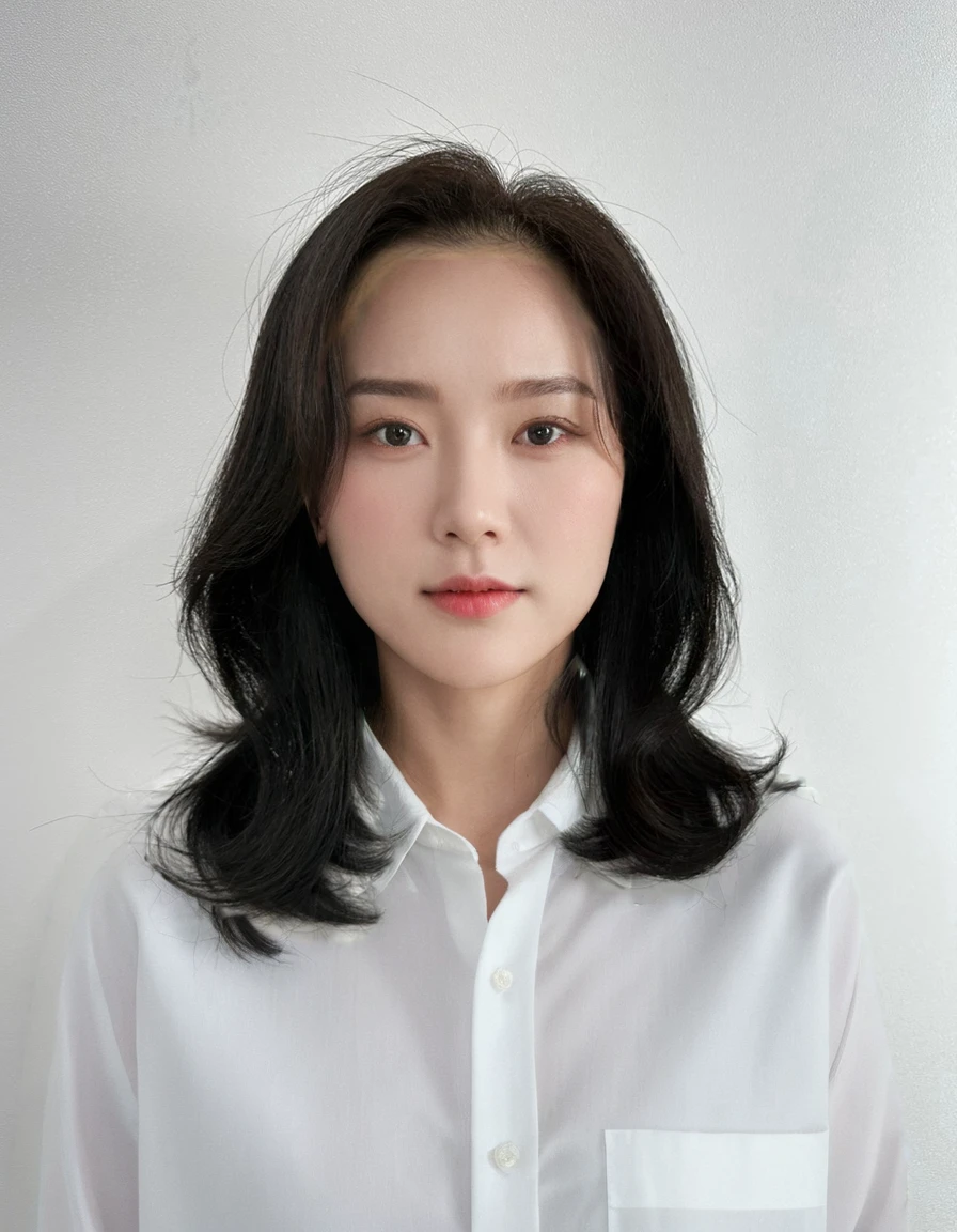 Best Quality, 8k, Masterpiece, (Portrait: 1.3), (photo realistic:1.4), (hyper realistic:1.4), Sharp Focus, looking at viewer, (smoother lighting:1.1), (increase cinematic lighting quality:0.9), realistic lighting, backlighting, light on face, ray trace, (brightening light:1.2), (Increase quality:1.4), sharp detail, (best quality real texture skin:1.4), finely detailed eyes, black_eyes, finely detailed face, 25 year old Korean woman, (white formal_shirt:1.4), (Create an image maintaining the original base model hairstyle:1.5)