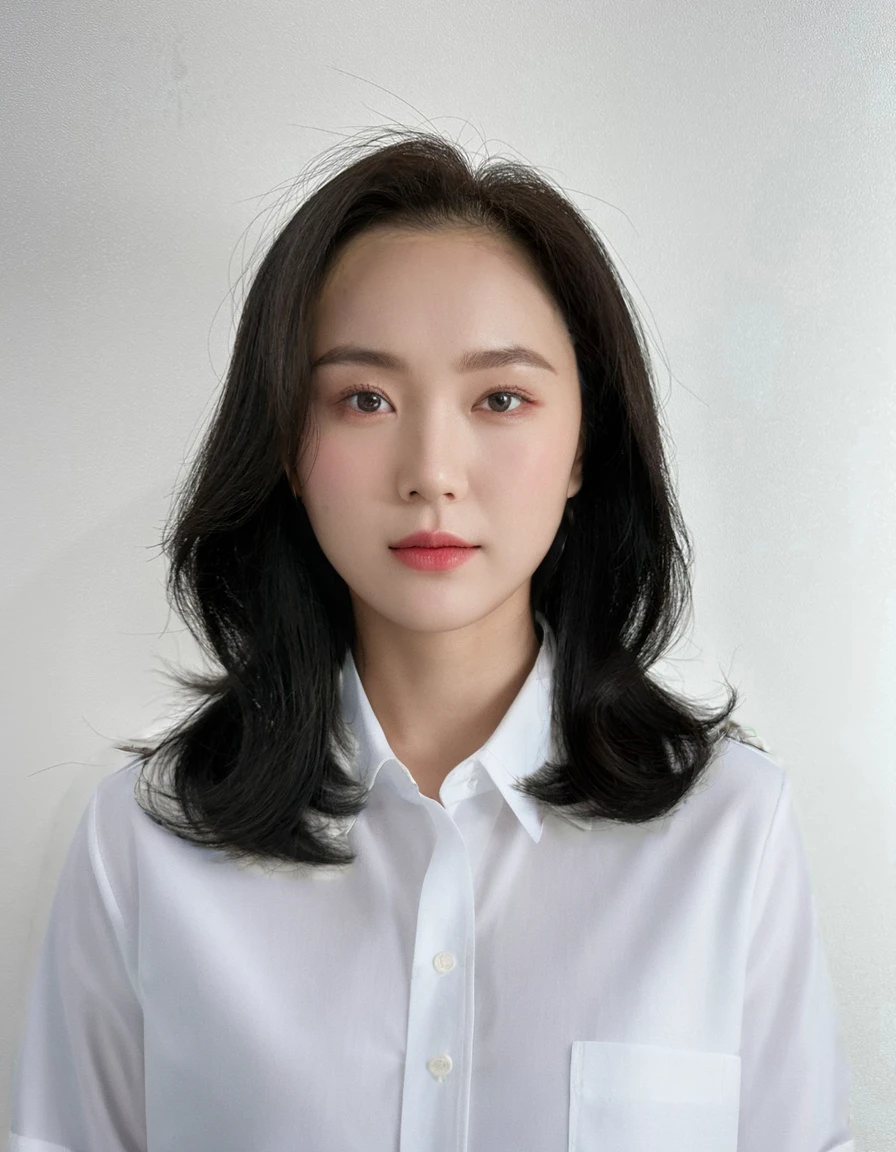 Best Quality, 8k, Masterpiece, (Portrait: 1.3), (photo realistic:1.4), (hyper realistic:1.4), Sharp Focus, looking at viewer, (smoother lighting:1.1), (increase cinematic lighting quality:0.9), realistic lighting, backlighting, light on face, ray trace, (brightening light:1.2), (Increase quality:1.4), sharp detail, (best quality real texture skin:1.4), finely detailed eyes, black_eyes, finely detailed face, 25 year old Korean woman, (white formal_shirt:1.4), (Create an image maintaining the original base model hairstyle:1.5)