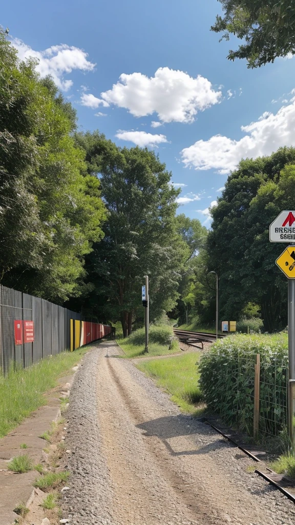 Create an image of a tranquil countryside railway crossing during the day. Include a clear blue sky with some clouds, lush greenery in the background with trees and bushes, a well-maintained gravel path leading up to the crossing, and a set of railroad tracks that vanish into the distance. Add details such as electrical poles with wires running alongside the tracks, a railroad crossing sign with red lights, yellow and black striped barriers to block the road when a train is passing, and a small sidewalk parallel to the gravel path fenced off by short white posts connected by two horizontal bars.
