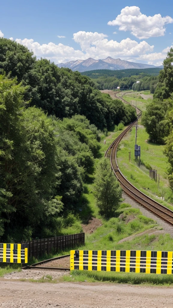 Create an image of a tranquil countryside railway crossing during the day. Include a clear blue sky with some clouds, lush greenery in the background with trees and bushes, a well-maintained gravel path leading up to the crossing, and a set of railroad tracks that vanish into the distance. Add details such as electrical poles with wires running alongside the tracks, a railroad crossing sign with red lights, yellow and black striped barriers to block the road when a train is passing, and a small sidewalk parallel to the gravel path fenced off by short white posts connected by two horizontal bars.