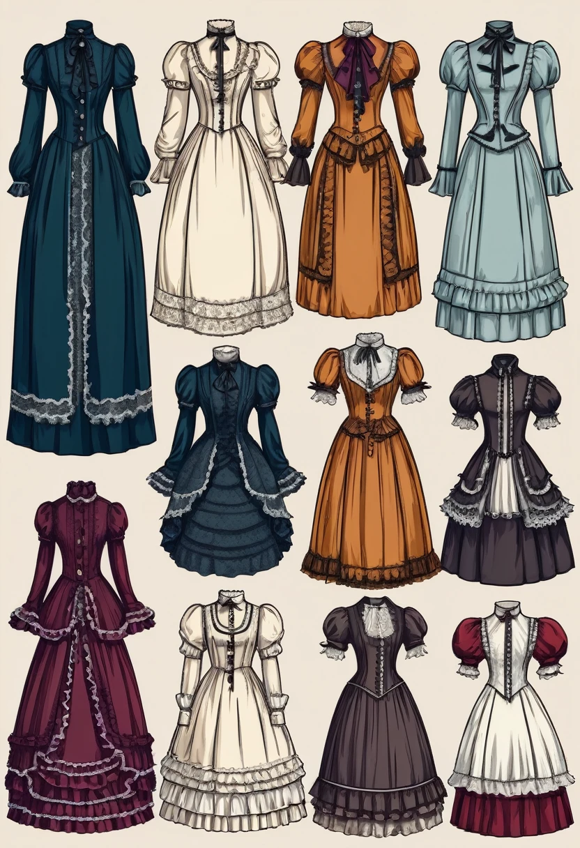 A set of dresses in different colors,Arrange separately,Victorian Gothic ta Fashion,Lolilothing,Fashion Design,Clothing and fabrics,Very detailed and rich costumes,Featuring Victorian clothing,Clean line art and flat colors,Detail Clothing,Rococo costumes,Fashion Design,Retro line art,color