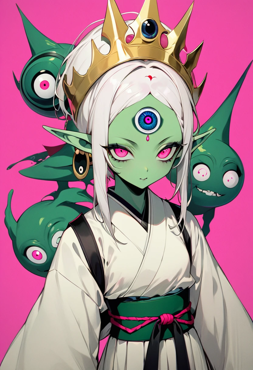 Japanese Anime，Second Dimension，Horror style，horror character，(((Three-eyed boy，独奏，third eye on the forehead，Dark eyeshadow，White short hair，Elf ears，Green Skin，Exaggerated golden crown-eyeball decoration))),(((Japanese clothing))).(((Thin waist，Green belt：1.6))).Pure pink background