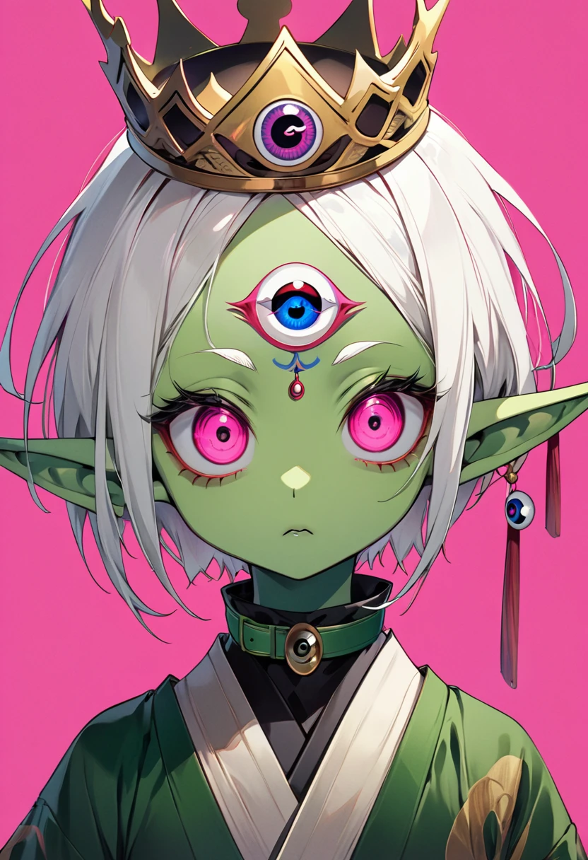 Japanese Anime,Second Dimension,Horror style,horror character,(((Three-eyed boy,独奏,third eye on the forehead,Dark eyeshadow,White short hair,Elf ears,Green Skin,Exaggerated golden crown-eyeball decoration))),(((Japanese clothing))).(((Thin waist,Green belt:1.6))).Pure pink background