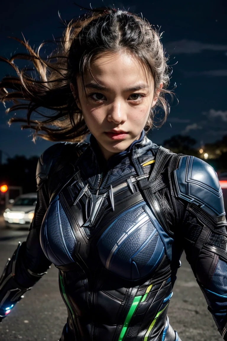 (best quality,highres:1.2), realistic, vibrant colors, detailed face and expression, fierce gaze, powerful stance, , glowing vibranium claws, night scene, strong lighting, superhero, action-packed, dynamic pose, 1 girl, Black panther suit,