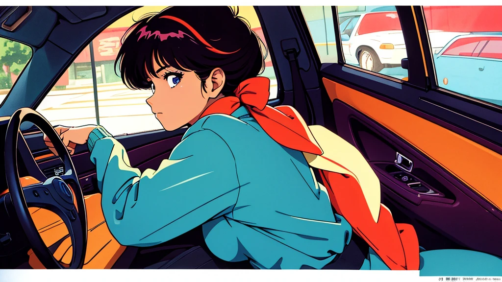One Woman、sitting in the passenger seat of a car、８０Retro anime style of the 1980s、Vivid colors、Image of a woman from inside a car、profile、One Woman、
