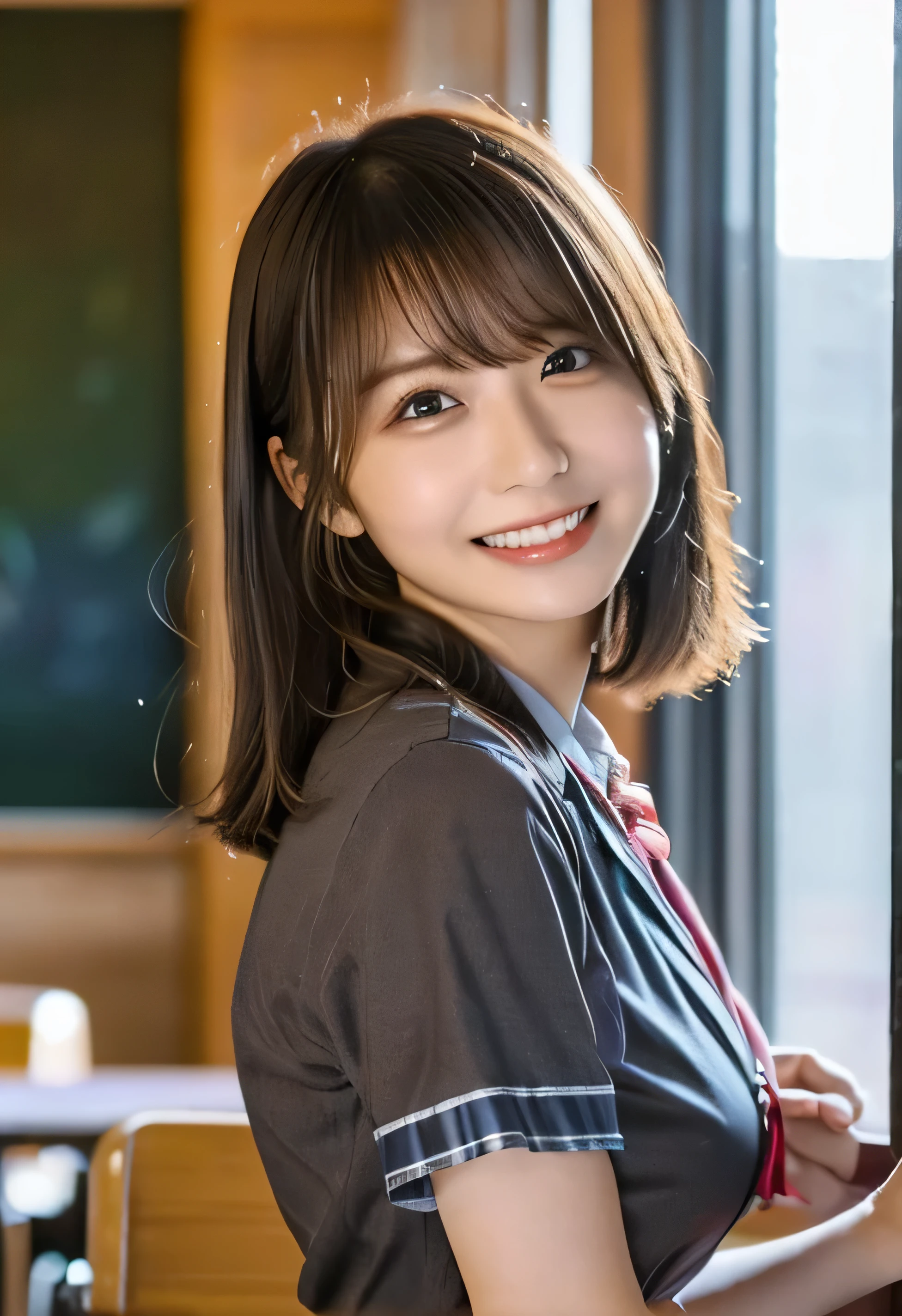 One Girl, Trying to take off your uniform、(Put your hands on the desk and stick your butt out、School classroom、Naturally large breasts that can be seen even through clothes、School white summer shirt、Beautiful girl, A seductive expression、Delicate girl:1.3), (24-years-old:1.3),(Smiling with teeth showing、Cute smiling eyes、Cute loose perm、(Fluffy hair、Loose perm、Braid only the bangs:1.4)Braid only the bangs、Fluffy hair、Medium Short Hair、Wrapping a leather belt、Wear a checked miniskirt、Round and ample breasts、Curved waist、Photo from the waist up:1.4)
Very beautiful eyes, (School uniforms:1.3), (Very large breasts:0.5), Brown eyes, Parted bangs, Light brown hair,
, A face of ecstasy、(The expression of ecstasy、A face of ecstasy:1.0),
, (masterpiece, Highest quality, Super detailed, Detailed face, 8k)