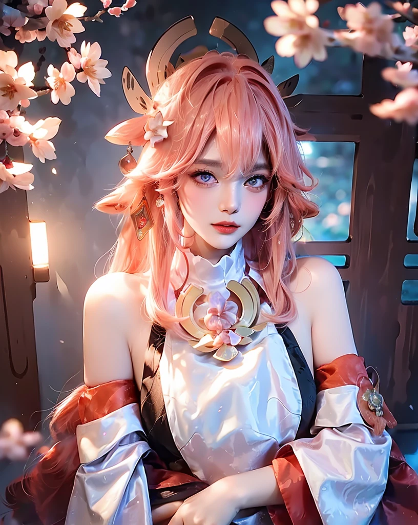 masterpiece, best quality, 8k, uhd, 1 girl, Yae Miko, genshin impact,ultra high resolution, (realism, Photo realism: 1.48), Omertosa, (kpop idol), cute, bokeh, night, professional lighting, detail lighting, photon mapping, Physically Based Rendering, backlight, depth of field, hard focus, film grain, full shot, Professional Photography, Shooting with the Sony A9 II mirrorless camera, detailed eyes, detailed eyes, realistic eyes, detailed shadows, look at the camera, detailed lighting, (detailed hair, realistic hair, realistic lighting, realistic shadows, Realistic costumes), realistic skin, glowing skin, Realistic light reflection from above, round chest, lace-trimmed Cherry Blossom, mesh, Cherry Blossom color custom-made ancient japanese panty, Cherry Blossom lace trim, off-shoulder Cherry Blossom color shirt, (faded long Cherry Blossom color hair:1.3), headdress, (big bust), looking at viewer, realistic brass crown, Gold necklace, earring, bracelet, bracelet, night, big bust, Cherry Blossom, whole body, japanese shrine,