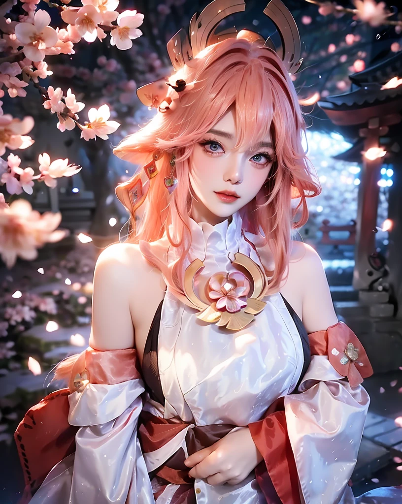masterpiece, best quality, 8k, uhd, 1 girl, Yae Miko, genshin impact,ultra high resolution, (realism, Photo realism: 1.48), Omertosa, (kpop idol), cute, bokeh, night, professional lighting, detail lighting, photon mapping, Physically Based Rendering, backlight, depth of field, hard focus, film grain, full shot, Professional Photography, Shooting with the Sony A9 II mirrorless camera, detailed eyes, detailed eyes, realistic eyes, detailed shadows, look at the camera, detailed lighting, (detailed hair, realistic hair, realistic lighting, realistic shadows, Realistic costumes), realistic skin, glowing skin, Realistic light reflection from above, round chest, lace-trimmed Cherry Blossom, mesh, Cherry Blossom color custom-made ancient japanese panty, Cherry Blossom lace trim, off-shoulder Cherry Blossom color shirt, (faded long Cherry Blossom color hair:1.3), headdress, (big bust), looking at viewer, realistic brass crown, Gold necklace, earring, bracelet, bracelet, night, big bust, Cherry Blossom, whole body, japanese shrine, 