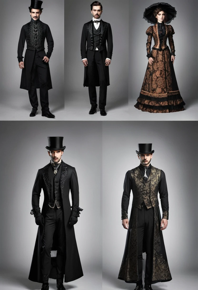 A set of dresses in different colors,Arrange separately,Victorian Gothic Men's Fashion,Cloak costume,Fashion Design,Clothing and fabrics,Very detailed and rich costumes,Featuring Victorian clothing,Clean line art and flat colors,细节服装Fashion Design,Retro line art,color