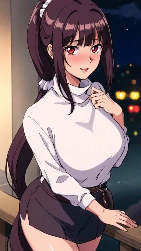 white turtleneck, black pencil shirt,black short skirt, belt,hair ornament, hair scrunchie,low ponytail, long hair, bangs, brunette, black hair, blunt bangs, red eyes, alone, 1 girl,Young female, 18 years old, sexy gal, very cute, smile, Beautiful Finger,Beautiful long legs,Beautiful body,Beautiful Nose,Beautiful character design, perfect eyes, perfect face,expressive eyes, looking at viewer, in the center of the image,(light smile:0.5), official art, outdoor, portrait, perfect lighting,Colorful, Bright_Front_face_Lighting,shiny skin, (masterpiece:1.0),(best quality:1.0), ultra high res,4K,ultra-detailed, photography, 8K, HDR, highres, absurdres:1.2, Kodak portra 400, film grain, blurry background, bokeh:1.2, lens flare, (vibrant_color:1.2), (beautiful face), (curvy body), (ashamed, blushing), glossy lip rouge, glossy crimson rouge, jealousy, SFW, seductive, charming,(attractive,enchanting,fascinating,captivating,bewitching,enthralling,entrancing,attractive,gripping,engrossing),airport,night,fullmoon,bluemoon,(flush, blush, flushing, suffusion),