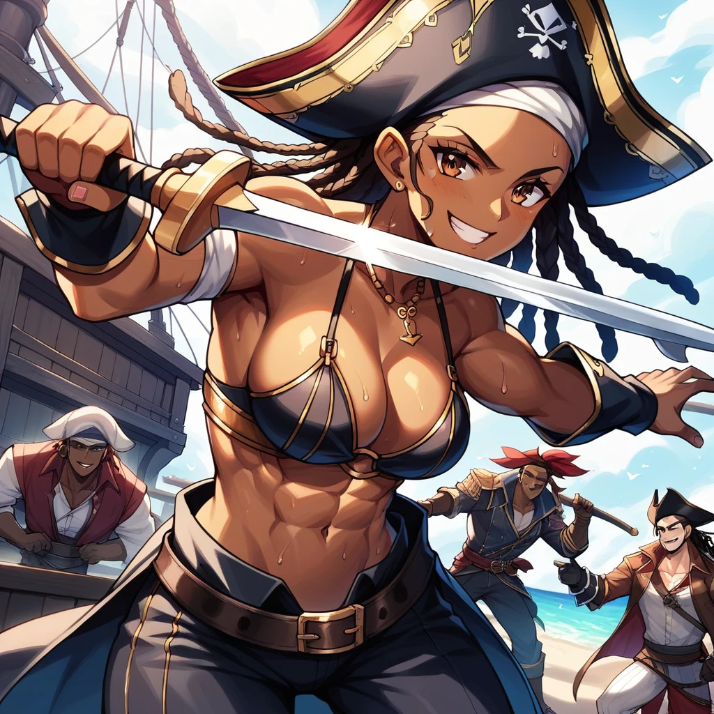 (masterpiece), best quality, expressive eyes, perfect face, perfect eyes, perfect hair, perfect body, perfect hands, perfect fingers, high detail, best detail, pirate, cavalier pirate hat, pirate leathers, holding sword, , cocky smile, confident, dominant, powerful, pirate raid, raiding ship, fighting, dark skin, beautiful brown skin, beautiful dreadlocks, Adult Female, sweat, toned body, alone, brown hair, brown eyes,