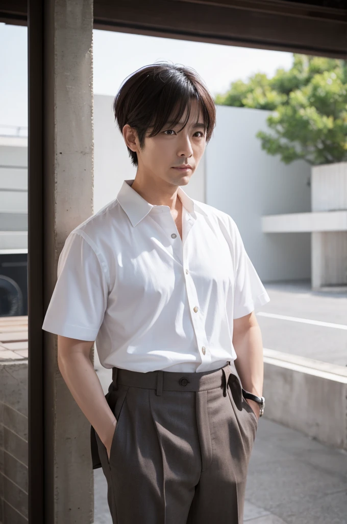 42 years old、male、Two-block short hair、White shirt、