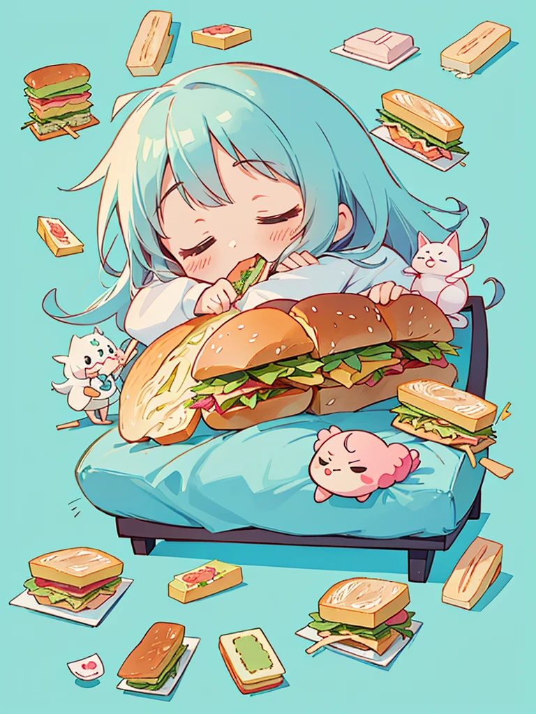 hayao miyazaki style, Kawaii Design, The most beautiful girl of all time、chibi, (((Eat a sandwich))), Hospital bed, Lots of girls sleeping,(((1列に並んだベッド)))