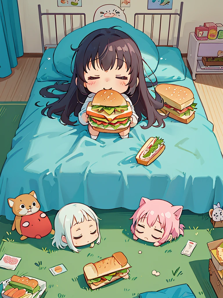 hayao miyazaki style, Kawaii Design, The most beautiful girl of all time、chibi, (((Eat a sandwich))), Hospital bed, Lots of girls sleeping,(((1列に並んだベッド)))