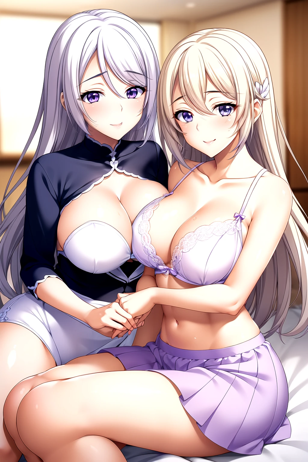 2 girls, mother(blue eyes, Blonde Hair) and daughter(violet eyes, White Hair), 2 girls, mother (Watase Otoha, blue eyes, Blonde Hair), daughter(Watase Nagisa, violet eyes, White Hair),Light滑的皮肤, Good, lace, underwear,Full body pictures, 25 years old,Young women,beautiful Finger,beautiful long legs,beautiful body,beautiful Nose,beautiful character design, perfect Eye, perfect Face,expressive Eye,Perfect balance, Looking at the audience,(Focus on her Face),housing, (Innocent_Big goals_Eye:1.0),Light_Smile, Official Art,Very detailed CG unity 8k wallpaper, Perfect lighting,rich and colorful, bright_front_Face_Lighting,Light skin, (masterpiece:1.0),(the best_quality:1.0), Ultra-high resolution,4K,Very detailed, photography, 8K, Human Development Report, high resolution, absurd:1.2, Kodak Portrait 400, Film Grain, Blurred background, Bokeh:1.2, Lens Light Halo, (Energetic_color:1.2),专业photography师, (beautiful,Chest:1.3 (beautiful_Face:1.5),(narrow_waist),Smile, Happy，Slim,2 girls, mother and daughter, Good, underwear, 2 girls, mother(blue eyes, Blonde Hair) and daughter(violet eyes, White Hair)