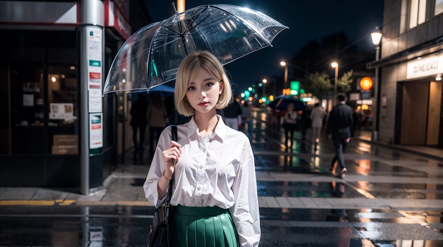 One girl, Blonde, short hair, blue eyes, White shirt, Green tie, Green Skirt, city, rain, Detailed Background
