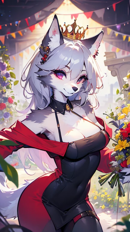 A masterpiece，masterpiece，8k，Red sweater dress，White fur on collar，Purple Eyeshadow，There is a mole on the left corner of the eye，Wearing a golden crown，Sexy anthropomorphic wolf，Werewolf，Dark Skin，flowers meadows