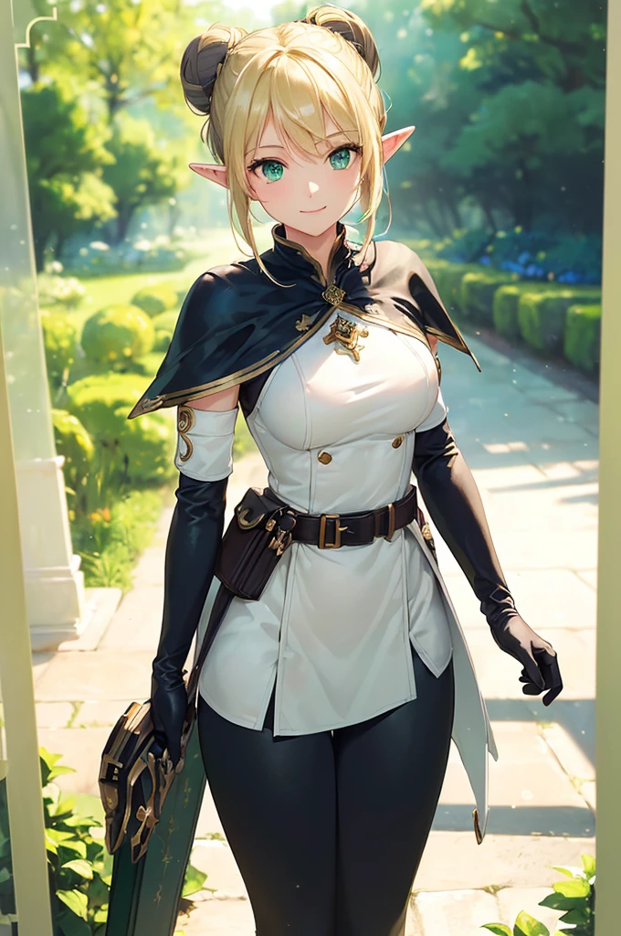 (((masterpiece; best quality: 1.2))), (finely detailed eyes: 1.3), (25 year old elf woman), (solo), (green eyes: 1.4), (body; buxom, fit, femenine: 1.3), (silky blonde hair in low bun: 1.3), (beautiful and clear background: 1.2), ((depth of field)), (equipment: adventurer attire + modest + long white tunic + black cape + black pants + gloves + belt + pouches: 1.3), (anime illustration: 1.2), (background composition; royal garden: 1.1), (extremely fine and beautiful: 1.1), (shot composition; standing + centered on torso + close-up: 1.5), (expression; calm, smile: 1.2)