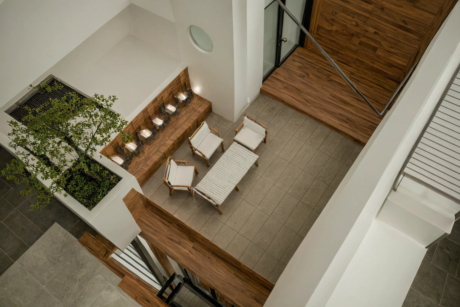 Raw photo, Masterpiece, high quality, best quality, authentic, super detail, architecture, house, outdoors, style modern, minimalist line, wooden, white paint wall, japan style, wasabi style, Jen style, steel stair, glass railing, paint wall decor, tree, street