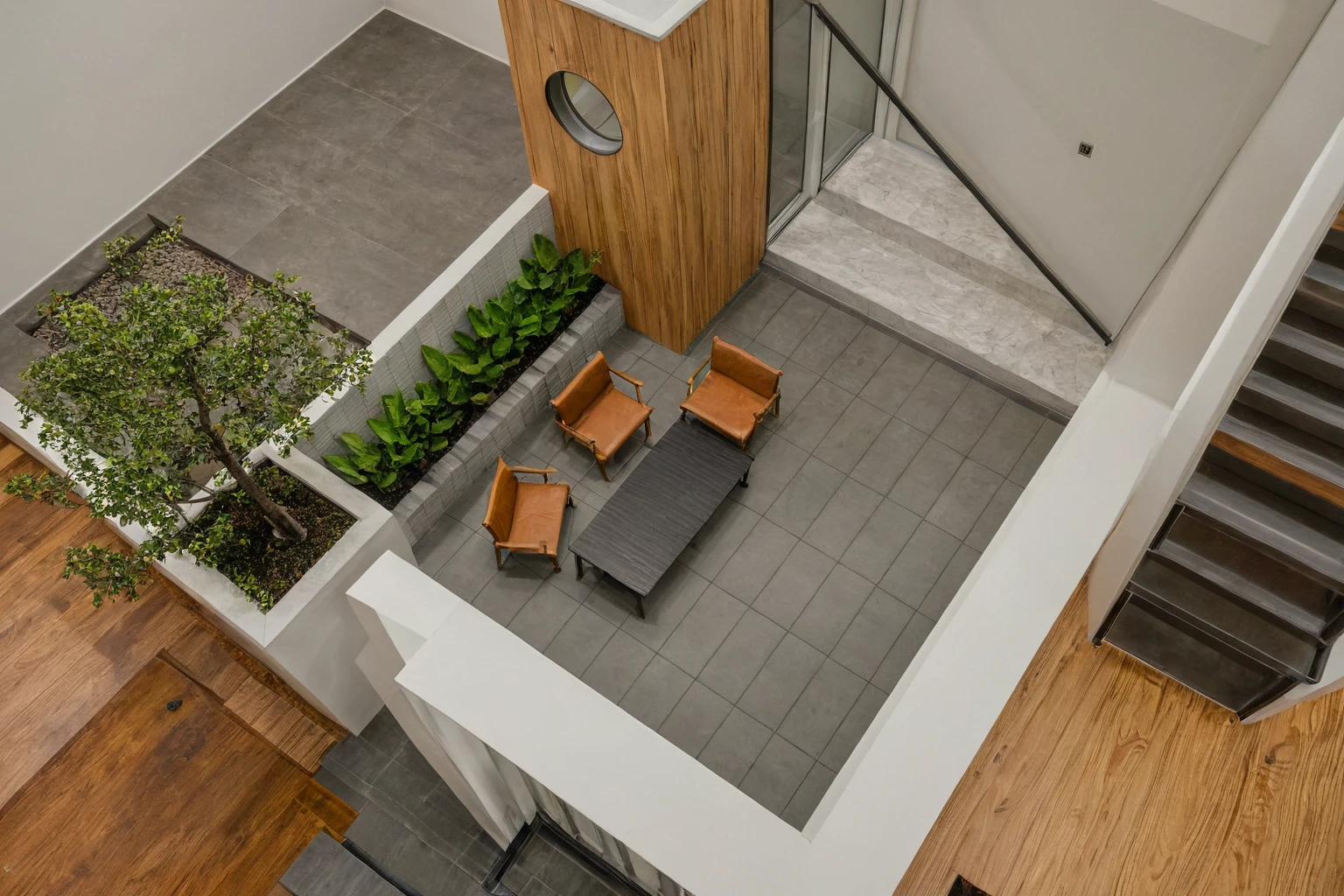 Raw photo, Masterpiece, high quality, best quality, authentic, super detail, architecture, house, outdoors,  style modern, minimalist line, wooden, white paint wall, japan style, wasabi style, Jen style, steel stair, glass railing, paint wall decor, tree, street