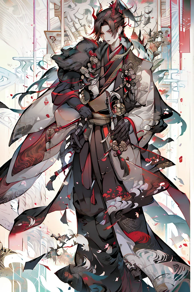 male, man, handsome, japanese, samurai, kimono, red and black, bright red eyes, long black hair in ponytail, red black designed mask covering nose and mouth, earrings dangling, sharp almond eyes, serious, tall, baggy pants, long boots, black and red theme