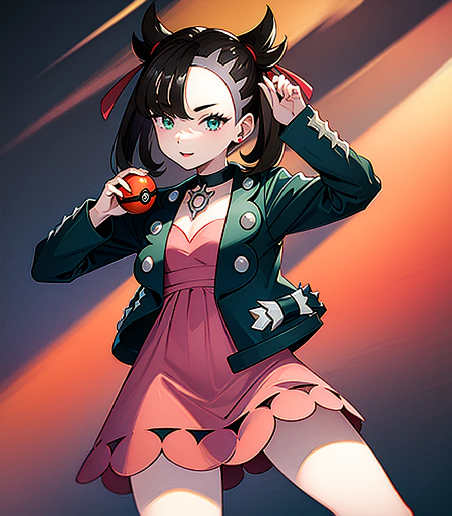 masterpiece, Highest quality, High resolution, Marnie, Aqua Eye, Black choker, Red ribbon, Pink Dress, jewelry, Black jacket, Open clothes, Long sleeve, Cowboy Shot, Are standing, forest, holding Pokéball, Pokéball \(Basic\), smile, Open your mouth,Background is wood々が生い茂るforestです.:1.2,Draw a person in the center of the screen,Depict the top of your head,{{{Perfect hand shape:1.2}}},marnie