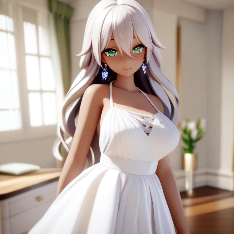 mmd,(masterpiece, best quality:1.2)1girl,solo,dark skin, green eyes,long hair, white hail, jewelry,earrings,looking at viewer,flower,dress,white dress,indoors,bangs,hair between eyes,smile,