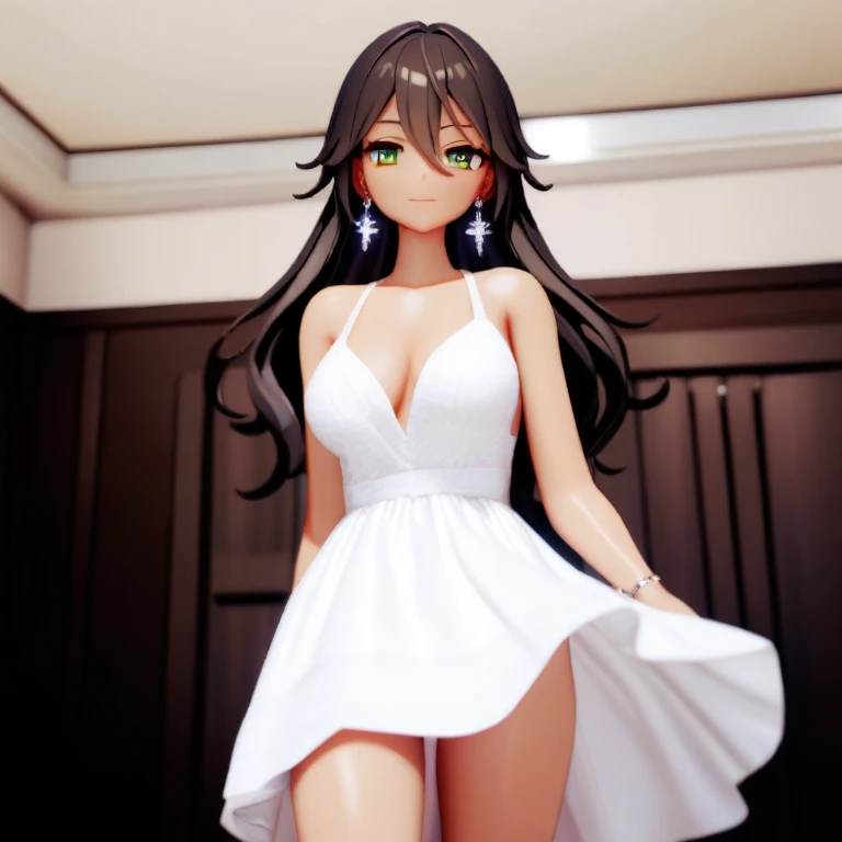 mmd,(masterpiece, best quality:1.2)1girl,solo,dark skin, green eyes,long hair, white hail, jewelry,earrings,looking at viewer,flower,dress,white dress,indoors,bangs,hair between eyes,smile,