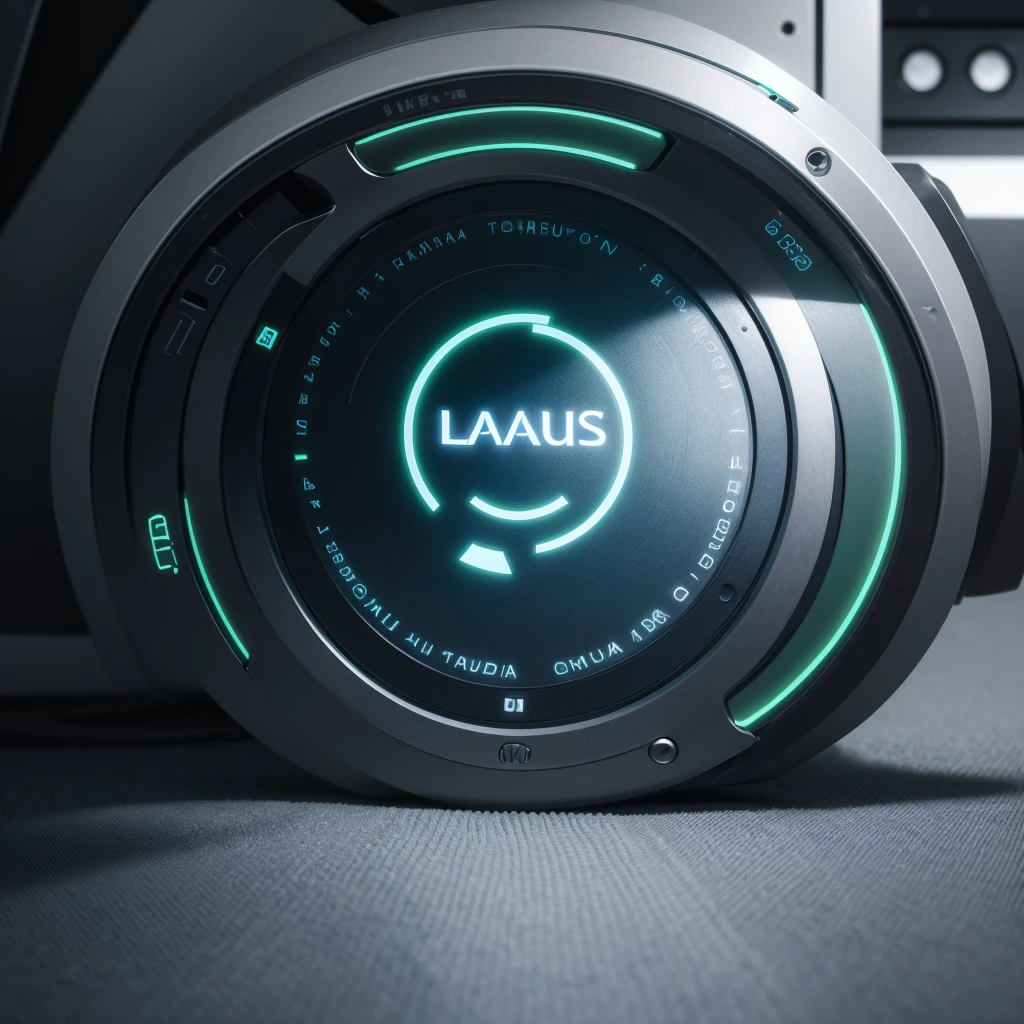 Create a logo for a technology company with the name LAURS Audio-Video-Informática, simple, modern and technological, colors silver, metallic blue and white, on and off button with green on