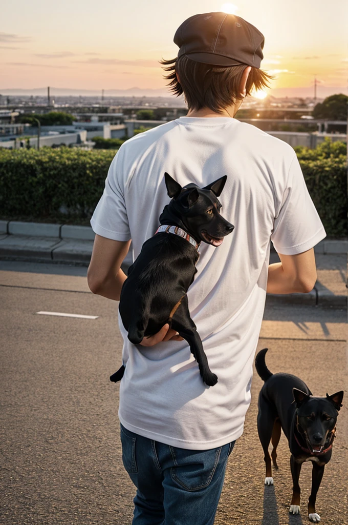 Anime style map A man who measures 1.90 with his cap and his Adidas t-shirt and his dog looking at the sunset from behind I want it as anime art