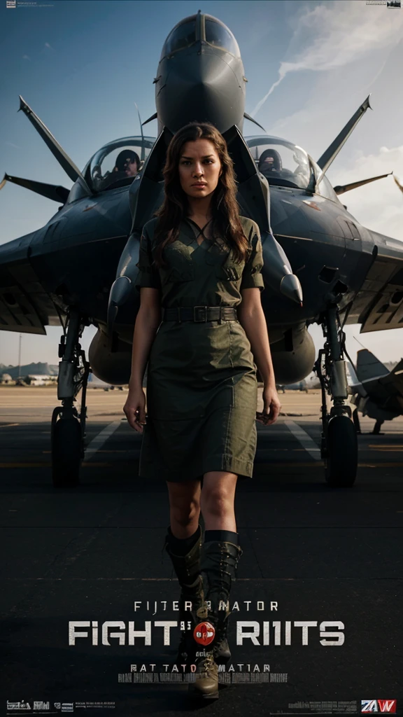 realistic,Polite dress code,(Fighter plane war action movie poster),(References to the Foundation's films: 1.8),realistic,General Air Force Uniform,(realistic Face Resolution),Cinematic poses,adult,thin,small,1 woman with long dark blonde hair,serious face,science fiction,sci-fi,Different supporting characters