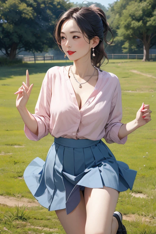 Beautiful mature woman, 55-year-old Japanese woman, Married women, Fine Lines, Long eyelashes, Shining Eyes, Low Ponytail, eye shadow, Red lipstick, Pink Cheeks, elegant, Pearl Necklace, Earrings, summer, Lightweight shirt, Cleavage, skirt, photo shoot, Green grassland, hill, Jump, Jump High, skirtがめくれる, panties